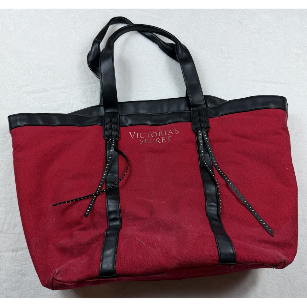 Victoria's Secret Red Black Tote Bag Studded Strap Details